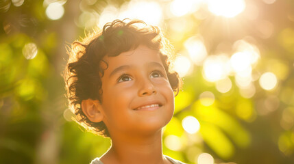 Fototapeta premium Portrait of a joyful Panamanian boy aged 7 with sunlit background