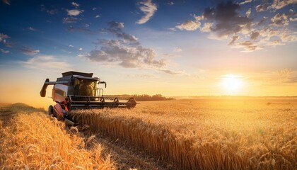 Fototapeta premium Sunset Wheat Harvesting with Combine Harvester in Golden Field, Summer Agriculture Scene, Rural Farm Landscape