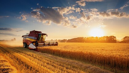 Fototapeta premium Sunset Wheat Harvesting with Combine Harvester in Golden Field, Summer Agriculture Scene, Rural Farm Landscape