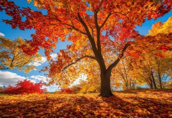 Fototapeta premium vibrant autumn foliage showcasing stunning color contrasts palette yellows clear blue sky, fall, leaves, trees, colorful, landscape, scenery, countryside
