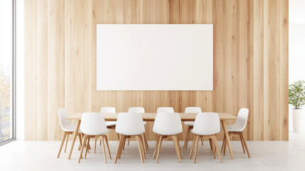 Modern conference room interior with wooden walls and blank projection screen, featuring minimalist chairs and table in a bright, spacious environment