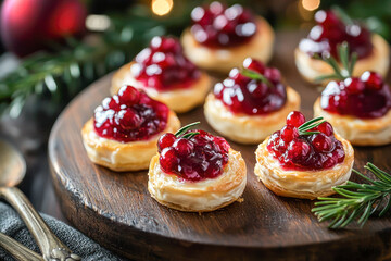 Cranberry brie bites on a wooden board in a festive setting.