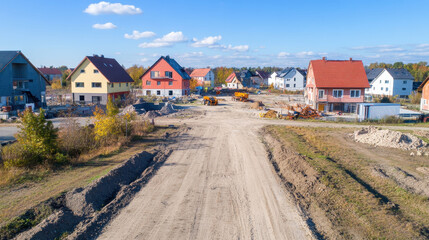 Aerial view of residential construction site in Poland showcasing colorful houses under development on a sunny day, highlighting urban expansion and architectural growth.