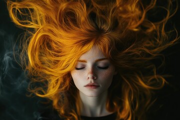 Fototapeta premium Red-haired woman blowing hair