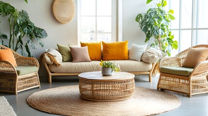 A living room decorated in the Japandi style, featuring natural wood furniture and soft pastel colors with accents of bright orange and yellow