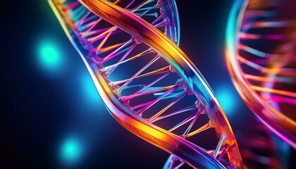 Vibrant Abstract DNA Strands in Neon Colors Representing Genetic Research and Biological Innovation at Night