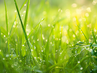 Fototapeta premium Close up of soft focus droplets of morning dew on green grass, capturing freshness and beauty of nature. sunlight creates warm, inviting atmosphere
