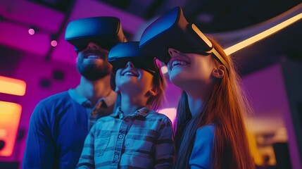 Family of three wearing virtual reality headsets and looking up in amazement