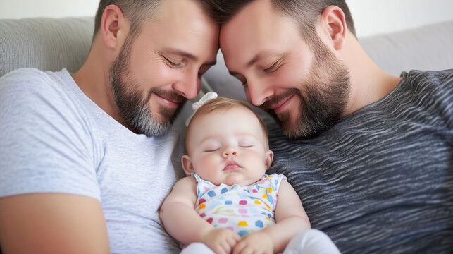 Loving gay couple holding and cuddling their sleeping baby daughter while relaxing together on the sofa