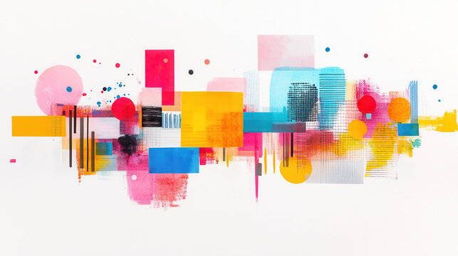 Abstract contemporary art collage with vibrant geometric shapes and colors creating a dynamic and visually stimulating composition on a clean white background. - Powered by Adobe
