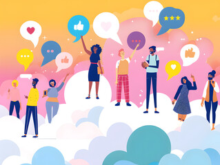 Fototapeta premium Diverse group of people expressing emotions and opinions with speech bubbles in colorful, vibrant setting. This illustration captures essence of communication and connection