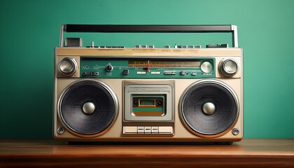 Fototapeta premium Vintage 1980s Audio Cassette Boom Box on Green Background, Retro Technology, Nostalgic Music Device, Classic Old School Music Player, Vintage Electronics, Teal Wallpaper, Retro Vibes for Decoration