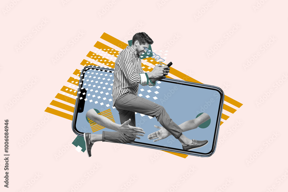 Poster composite collage image picture of mini guy run big arms connect smart phone display isolated on cre
