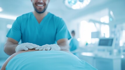 2409_210.a candid moment of a male physiotherapist checking in with a female patient during her back massage, fostering a supportive environment in a wellness-focused clinic
