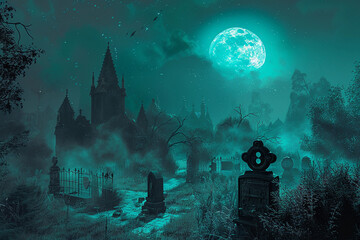 A fantastically mysterious cemetery with tombstones and scary atmosphere