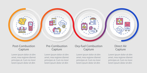 Carbon capture technology examples infographics circles sequence. Adsorption, technology. Visualization layout with 4 steps. Info chart loop process presentation. Myriad Pro-Regular font used