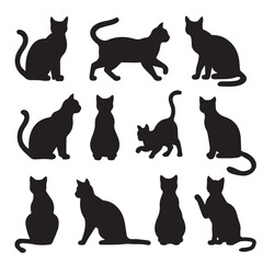 Set of black cat silhouettes in various poses, perfect for design and decoration