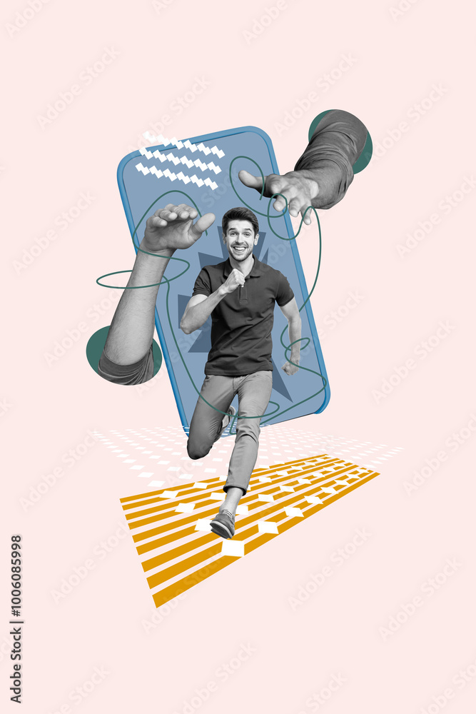 Poster vertical composite collage image picture of mini guy run big arms smart phone isolated on creative b