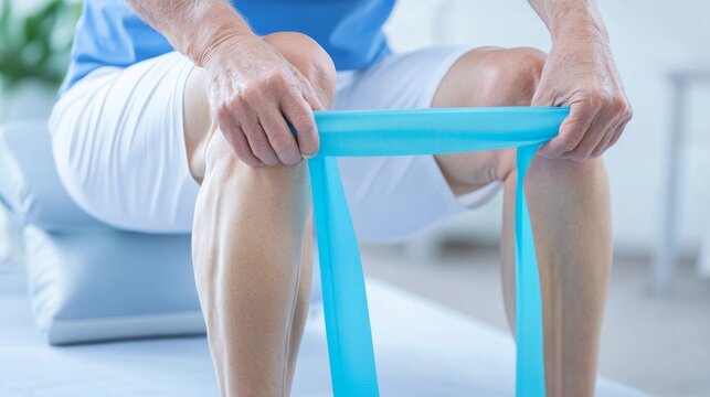 2409_238.a detailed close-up of a physiotherapist's hands adjusting a stretching band around a senior patient's legs, during a personalized therapy session, emphasizing attention to detail in