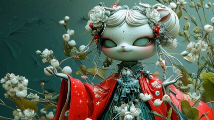 Fantasy Cat-Like Creature in Red Robe Surrounded by Flowers