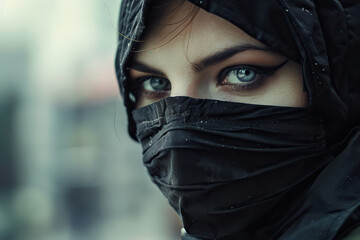 Japanese ninja warrior dressed in samurai clothes holding a sharp sword