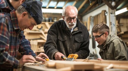 Senior craftsman instructing apprentices on traditional woodworking skills