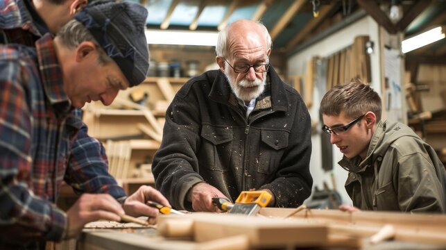 Senior craftsman instructing apprentices on traditional woodworking skills