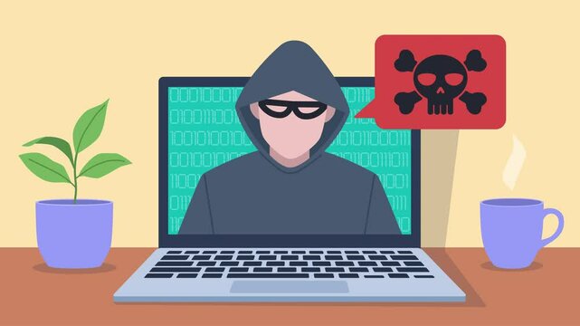 A hacker takes over a laptop. A hacker in a mask and hood appears on its screen. A speech bubble with an icon of a dead sword appears next to the character.