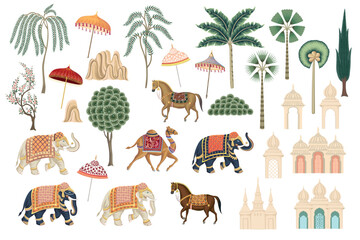 Elephant, horses, camel, palm tree, umbrella, architecture oriental set. Indian vector collection.	

