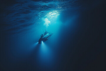 Beautiful large submarine floating in middle of ocean during mission