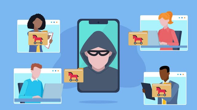 A hacker logs into a company meeting on a phone screen. After a while, he starts sending files infected with a Trojan to everyone in the meeting. The devices become infected with the virus. 
