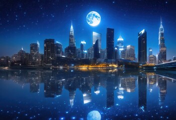 Fototapeta premium enchanting night skyline featuring radiant full moon casting gleaming reflections over twinkling city lights silhouetted skyscrapers, urban, landscape