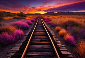 Obraz premium serene moody sunset over abandoned train tracks creating captivating landscape rich colors textures, horizon, sky, clouds, dusk, twilight, nature, beauty