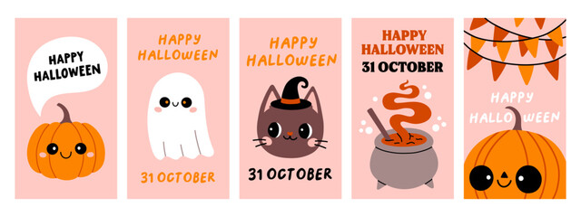 Halloween poster set. Trendy flat style and funny characters. Cute vector poster set for postcard, flyer, banner