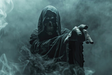 Scary grim reaper with scythe in hell on dark background with dramatic background