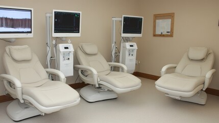 2409_315.serene and inviting physiotherapy office space, furnished with ergonomic seating, adjustable treatment chairs, and an array of therapeutic tools such as hot packs and ultrasound machines,