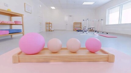 2409_319.functional rehabilitation area showing therapy tools such as foam rollers, exercise balls, and therapy bands on shelves, with an open layout that promotes movement and accessibility