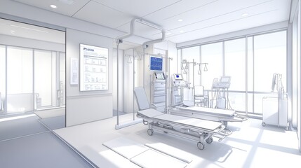 2409_320.expanded physiotherapy clinic room with designated areas for individual and group exercises, fitted with mats, stationary bikes, and medical charts to track patient progress, ensuring an