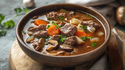 Hearty Beef Stew with Vegetables in Wooden Bowl