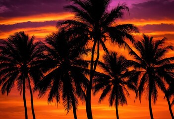 Obraz premium stunning silhouettes lush palm groves vibrant sunset, beach, coastline, dusk, evening, foliage, flowers, golden, horizon, hues, idyllic, landscape