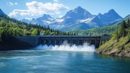 Fototapeta premium Scenic Mountain View with Powerful Dam and Water Flow