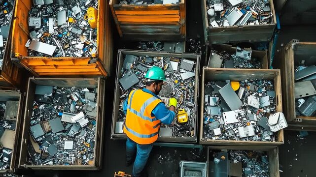 Worker Sorting Electronic Waste in Recycling Facility