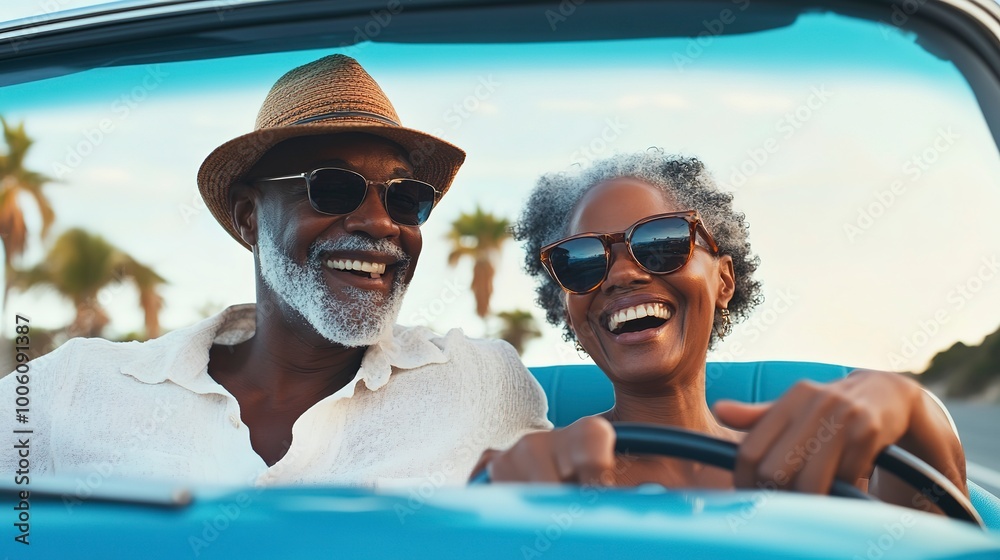 Poster Happy black senior couple enjoying a summer vacation road trip in their car.  