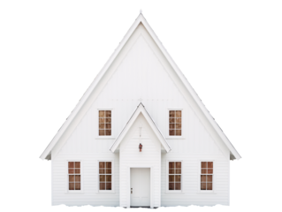 a white house with a triangle shaped roof