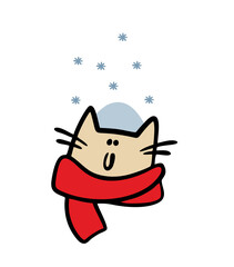 Happy kitten in a warm red scarf looks at the snowfall. Vector winter illustration of snowflakes and  pet cat. Isolated hand drawn character on white background.