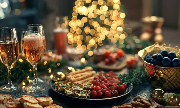 New Year&acirc;&euro;&trade;s Eve party table with a variety of appetizers, cocktails, and a centerpiece of golden decorations, ready for the celebration. . Video