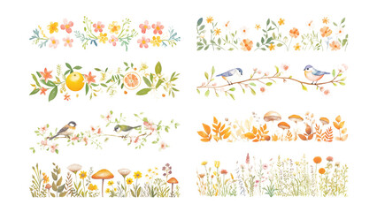 PNG watercolor nature divider element set, transparent background