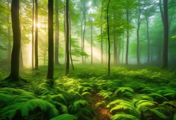 Obraz premium enchanting misty forest landscape dawn gentle sunlight filtering through lush green trees delicate fog rolling over serene ground, nature, silhouette