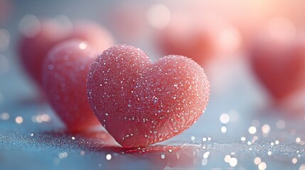 Fototapeta premium Multiple small hearts with a soft texture, interspersed on a reflective foam surface, the hearts have a matte finish with slight sparkling details