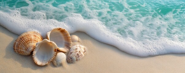 Seashells on sandy beach with ocean waves